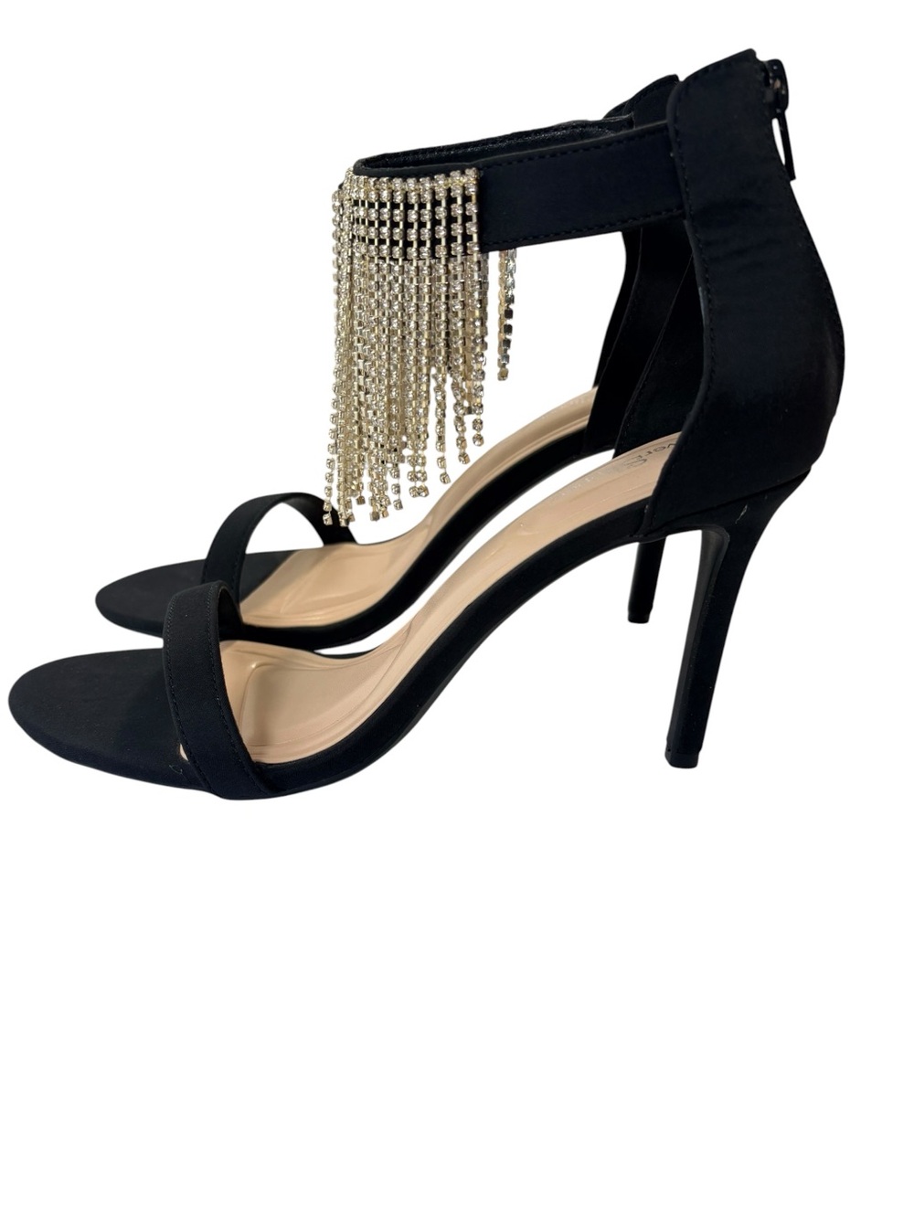 Silver Slipper Fiona Black Rhinestone Fringe Heels Size 8.5M Dress Sandals NIB